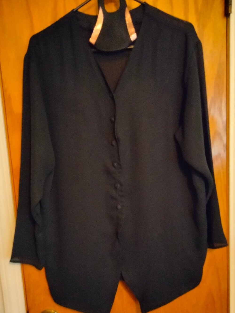 Black silk button down long-sleeve blouse